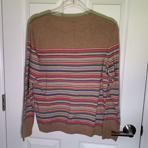 Talbots cotton blend lightweight crewneck knit top camel w/rainbow stripes small - Picture 2 of 5